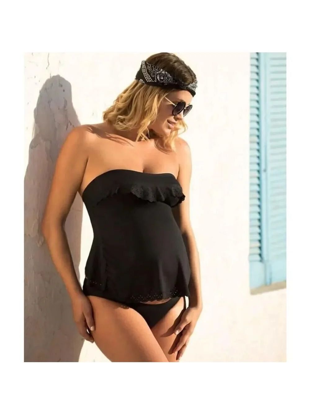 Cache Coeur Maternity Black Ruffle Trim Swimsuit Top - Size S